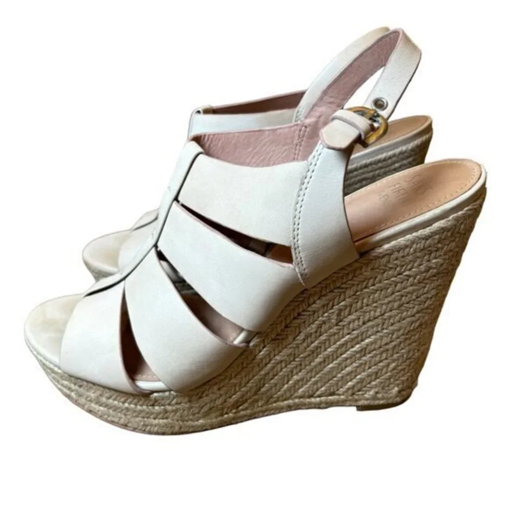 Saks Fifth Avenue Leather Cream‎ Platform Shoes Espadrille Sandals Strappy 10